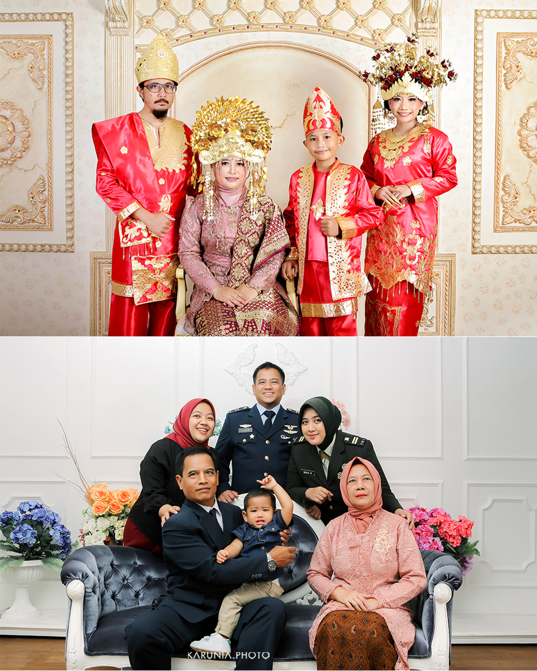Three siblings sitting on wooden steps in coordinating outfits with genuine smiles and relaxed poses